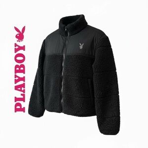 Y2K PLAYBOY by Pacsun Double Header Sherpa Black Fleece Full Zip Jacket, XS/S